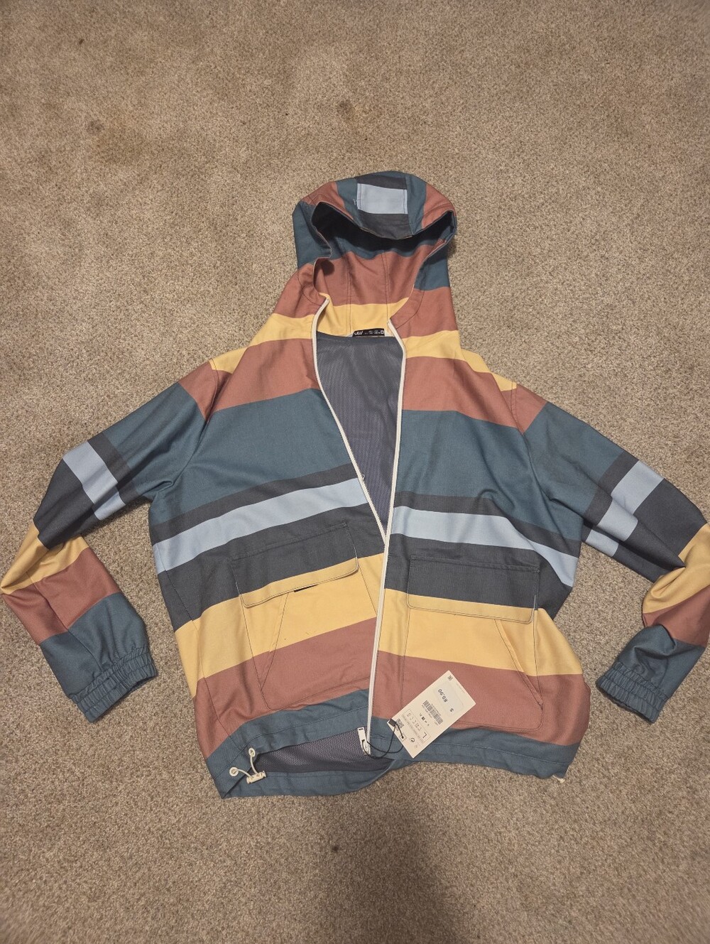 Zara Striped Hooded Zip-Up Sweater in Teal, Mustard & Rust